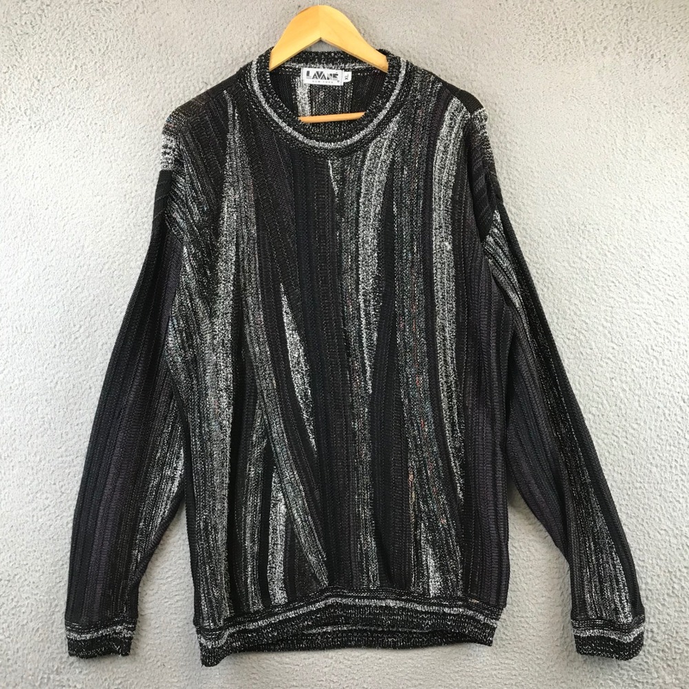 Vintage LAVANE Men's Black Geometric Knit Long Sleeve Sweater XL